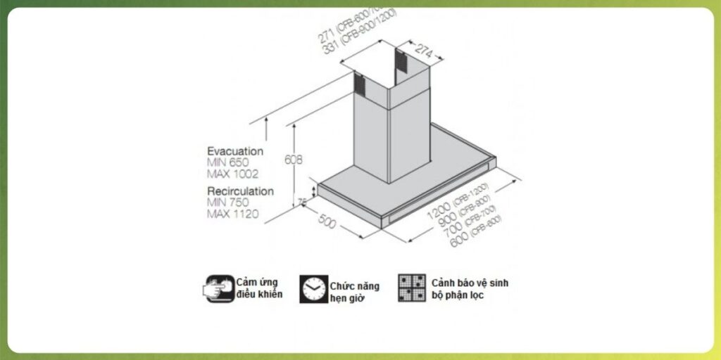 Máy hút mùi Fagor được thiết kế đa dạng kích thước dễ lắp đặt
